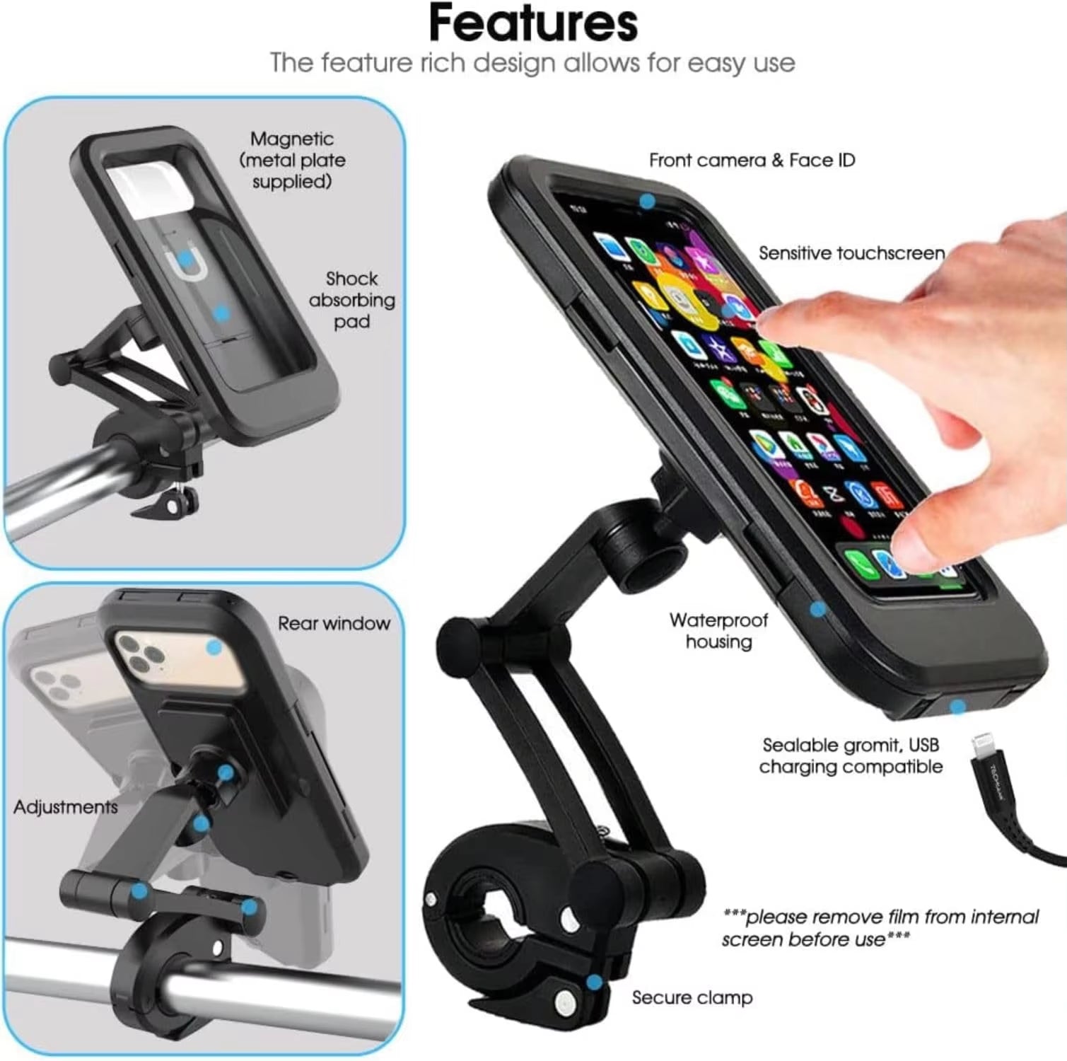 New Adjustable Retractable Bike Phone Holder 360° Rotating Waterproof Anti-Shock Bike/Motorcycle Phone Mount Touchscreen