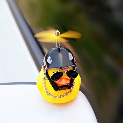 Rubber Broken Wind Duck Toy Motorcycle Car Ornaments Yellow Duck Car Dashboard Decoration with Cool Glasses Propeller Helmet