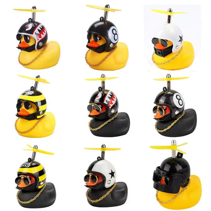 Rubber Broken Wind Duck Toy Motorcycle Car Ornaments Yellow Duck Car Dashboard Decoration with Cool Glasses Propeller Helmet