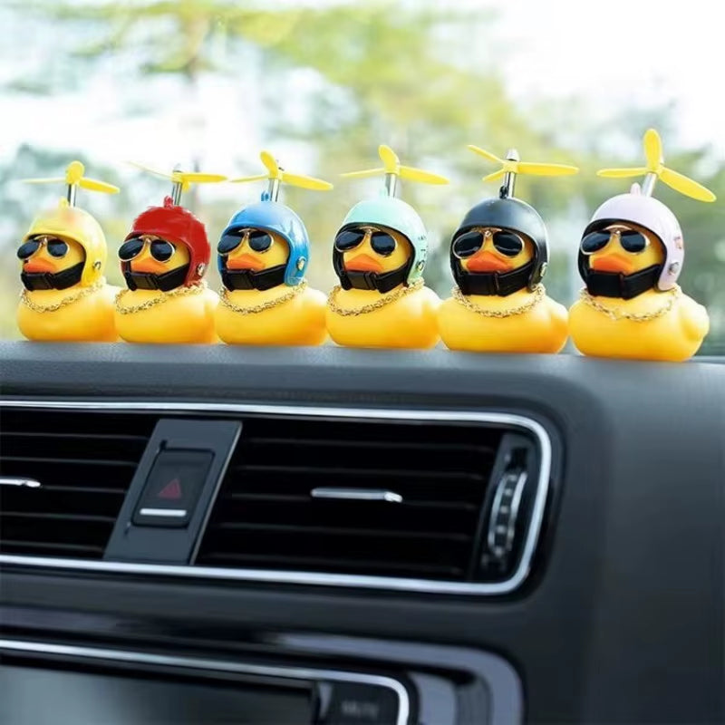 Rubber Broken Wind Duck Toy Motorcycle Car Ornaments Yellow Duck Car Dashboard Decoration with Cool Glasses Propeller Helmet